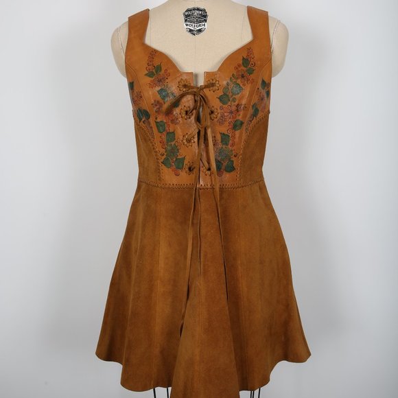 Vintage CHAR Leather Dress 70s Hippie Boho Handmade Hand Painted Florals - Picture 2 of 7